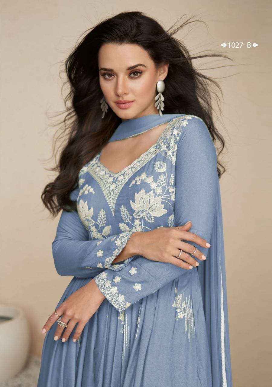 LAKHNAVI VOL 5 LIGHT COLOR HEAVY REYON LAKHNAQI WORK NAYRA CUT KURTI WITH PLAZZO AND NAZMIN DUPATTA BT VAMIKA BRAND 1002 C
